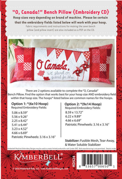 O' Canada! Bench Pillow Embroidery Cd KD524