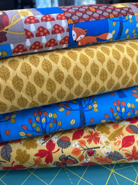 4-yards Autumn Woodland Fabric Bundle - Woodland Patchwork, Mustard Leaves, Blue Trees & Fall Butterflies