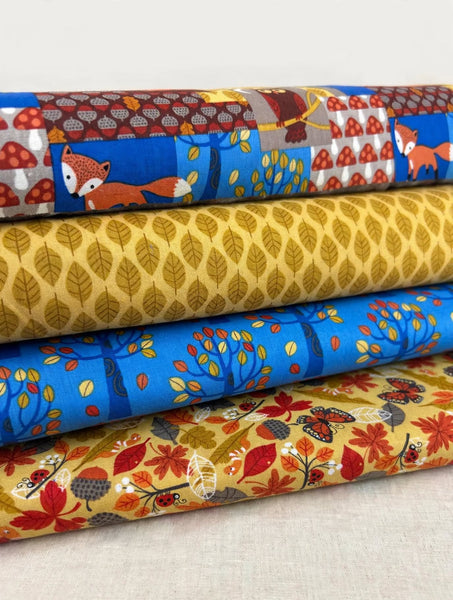 4-yards Autumn Woodland Fabric Bundle - Woodland Patchwork, Mustard Leaves, Blue Trees & Fall Butterflies
