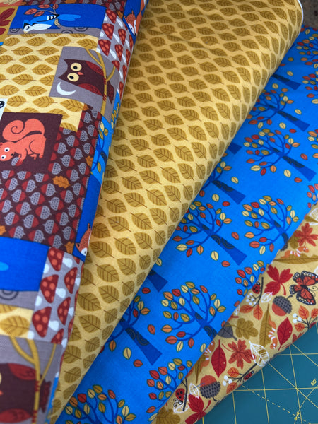 4-yards Autumn Woodland Fabric Bundle - Woodland Patchwork, Mustard Leaves, Blue Trees & Fall Butterflies