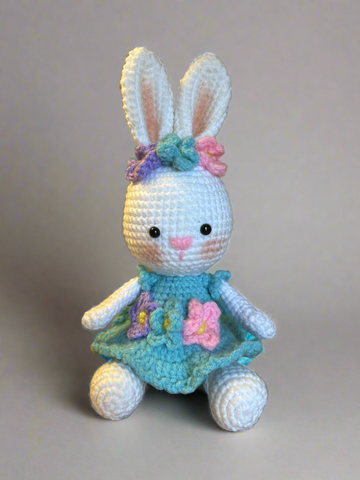 Crochet bunny with blue dress
