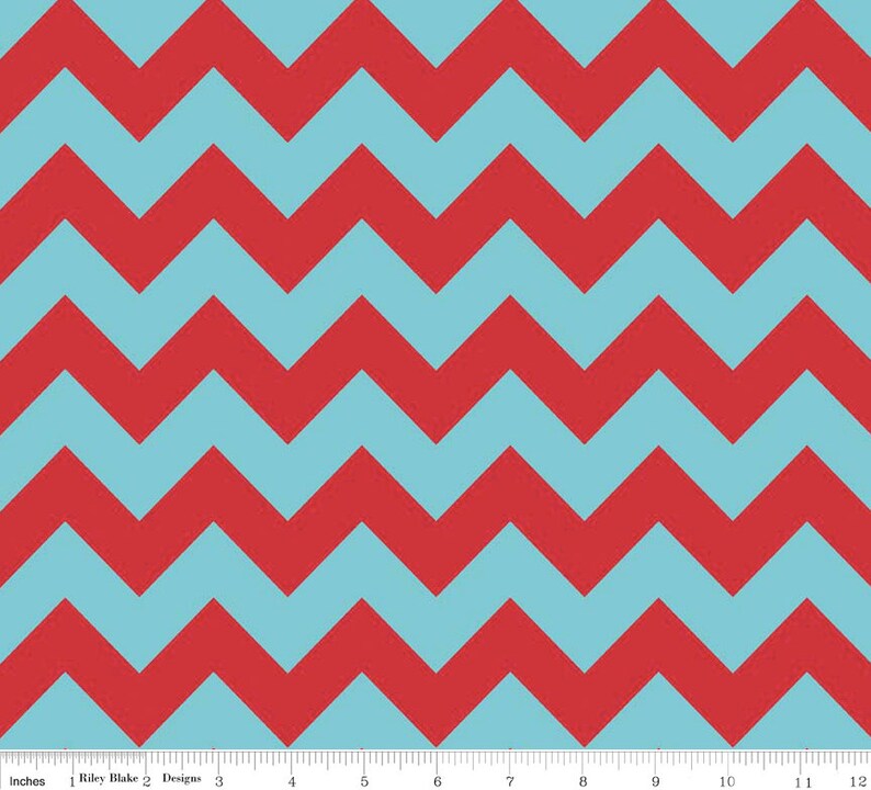 Medium Chevron Aqua/Red - Cotton Fabric -  Chevron Fabric