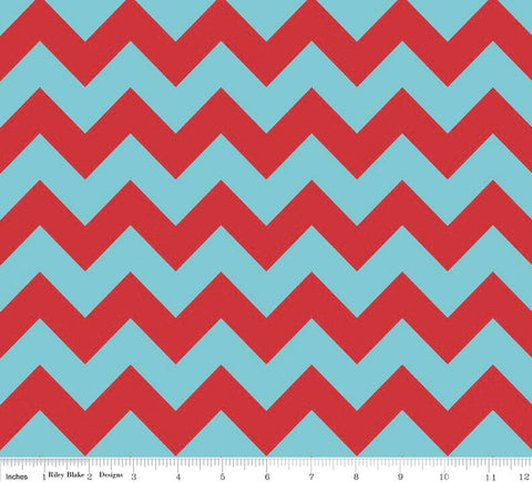 Medium Chevron Aqua/Red - Cotton Fabric -  Chevron Fabric